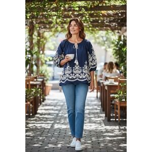 Highness Sheer Navy Blue Embroidered Peasant Blouse Boho Tassel Top 1X Rayon
